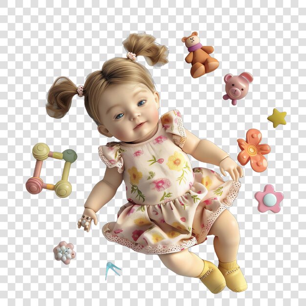 PSD vintage baby girl with toys realitic isolated on transparent background