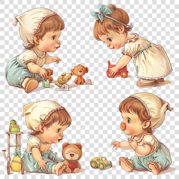 vintage baby girl with toys watercolor nurseryon transparent background