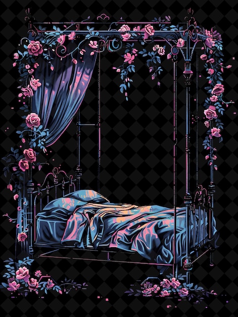 PSD vintage bed frames 8 bit pixel with iron bars and floral cur png unique y2k design collection