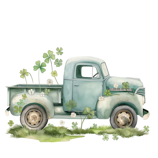 PSD vintage blue pickup truck with shamrocks and flowers whimsical nature illustration