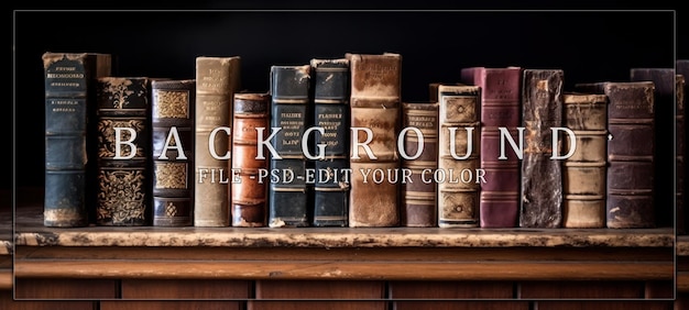 PSD vintage books lined up on wooden shelf