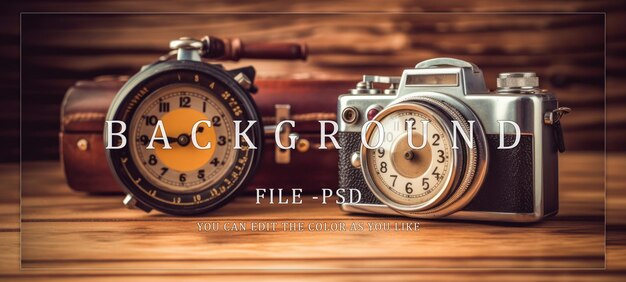 PSD vintage camera and clock on wooden surface