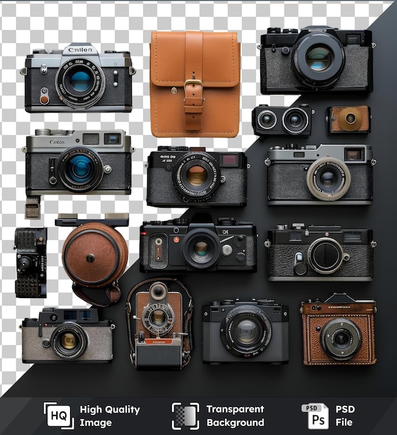 vintage camera collection set against black wall featuring silver black brown and silver and black cameras as well as a silver and gray camera