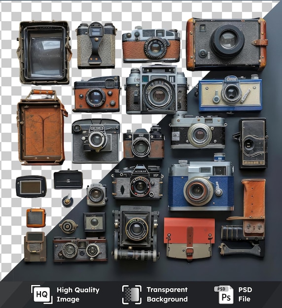 vintage camera collection set against blue wall featuring silver blue orange and silver and gray cameras