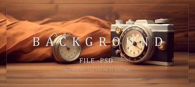 PSD vintage camera and stopwatch on wooden surface