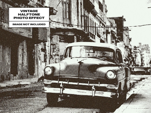 A vintage car is parked on a street in front of a sign that says " vintage photo effect ".