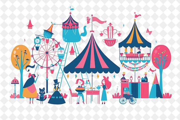 Vintage Carnival With Alice in Wonderland and Mad Hatter Hos People Life Style Flat Illustration