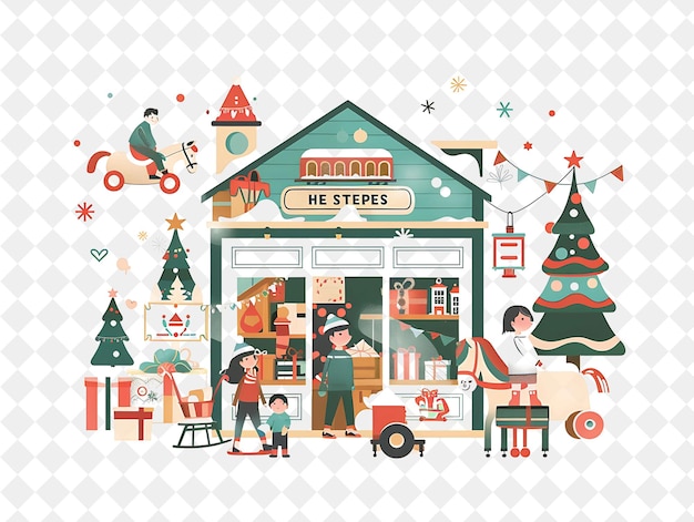 Vintage Christmas Toy Shop With Children Playing and Explori Illustration Christmas Art Design