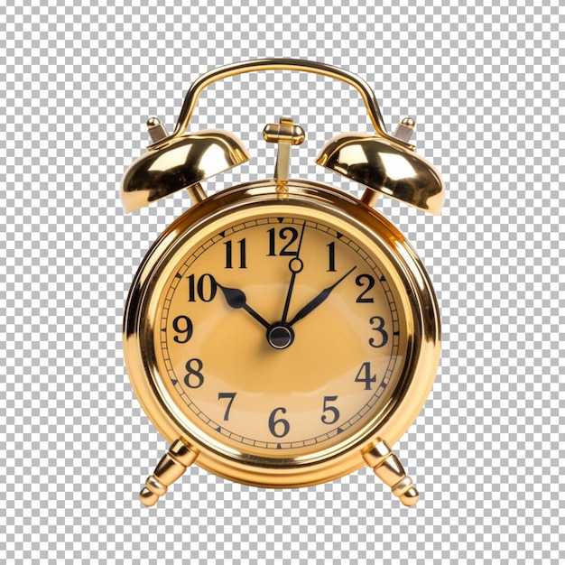 Vintage golden alarm clock on transparent background