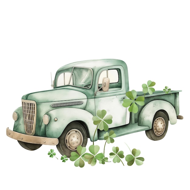 PSD vintage green truck with clover leaves illustration retro vehicle art