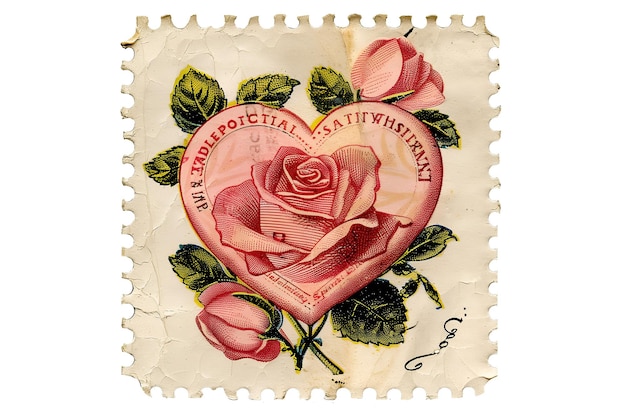 Vintage illustration of a postage stamp with a heart and roses on it