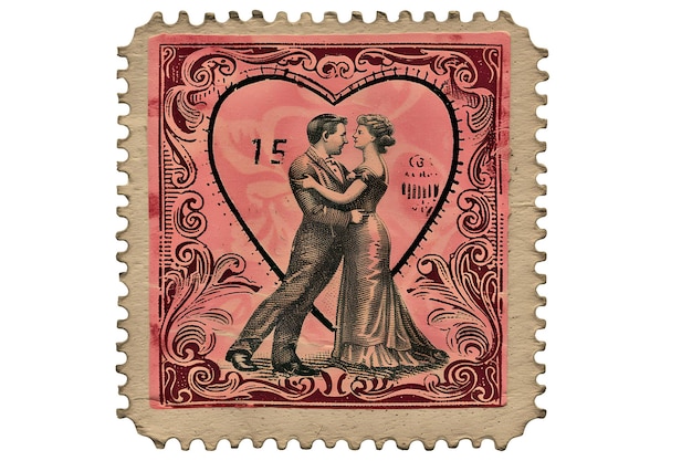 Vintage illustration of a postage stamp with a heart and roses on it