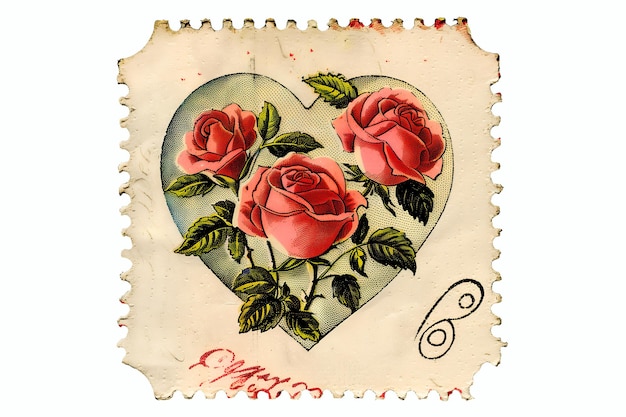 Vintage illustration of a postage stamp with a heart and roses on it