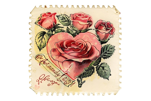 Vintage illustration of a postage stamp with a heart and roses on it