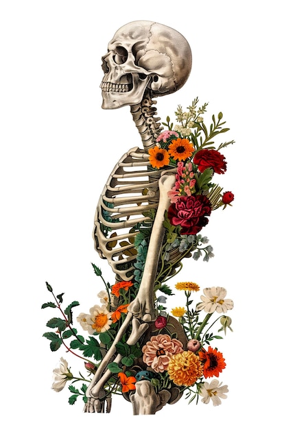 Vintage Illustration of skeleton with flowers side view