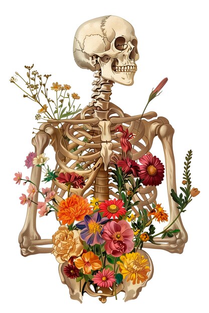 PSD vintage illustration of skeleton with flowers