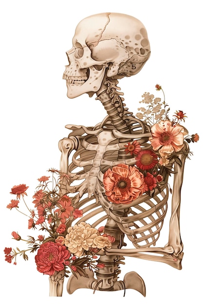 Vintage Illustration of skeleton with red flowers