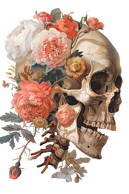 PSD vintage illustration of skull with flowers