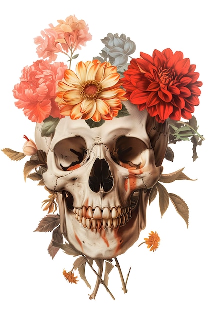 PSD vintage illustration of skull with flowers