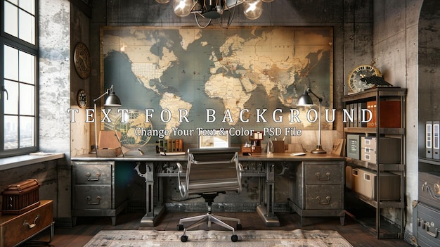 PSD vintage industrial workspace with world map