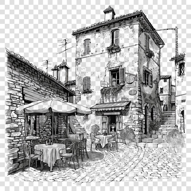 PSD vintage italian village with a small cafe italian food black and isolated on transparent background