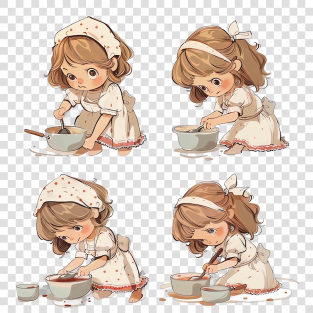 vintage little girl in vintage old school dress cooking watercolor nurseryon transparent background