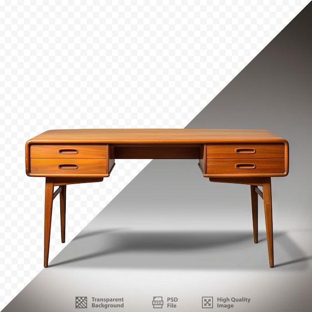 A vintage mid century teak desk with drawers showcasing Danish design is displayed in a modern living room against a black wall