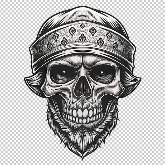 PSD vintage monochrome bandit skull in bandana isolated on transparent background