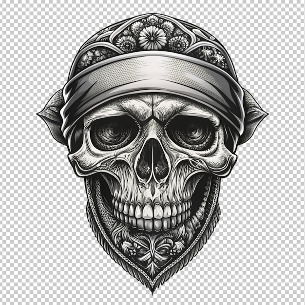 PSD vintage monochrome bandit skull in bandana isolated on transparent background