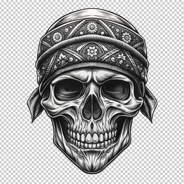 PSD vintage monochrome bandit skull in bandana isolated on transparent background