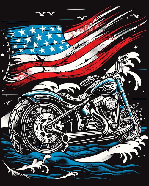 vintage motorcycle with an American flag t shirt design background