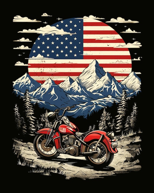 vintage motorcycle with an American flag with mountain t shirt design template