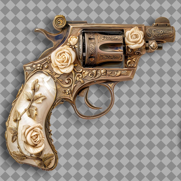 PSD vintage pearl handled revolver engraved with roses and capab png game asset on clean background