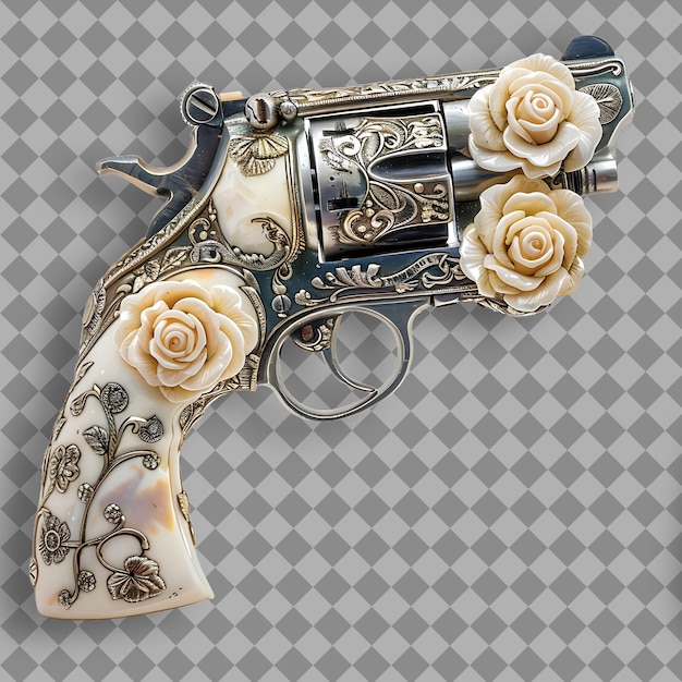 PSD vintage pearl handled revolver engraved with roses and capab png game asset on clean background