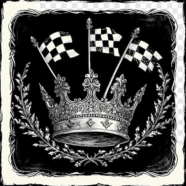 Vintage Racing Crown with Vines Illustration in Black and White