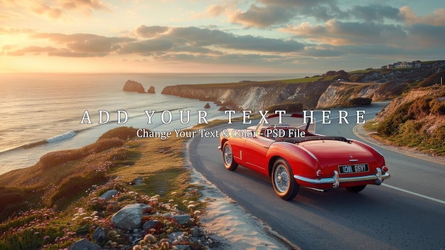 PSD vintage red convertible driving along coastal road at sunset