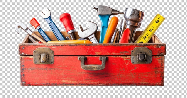 PSD vintage red toolbox with various hand tools on a transparent background