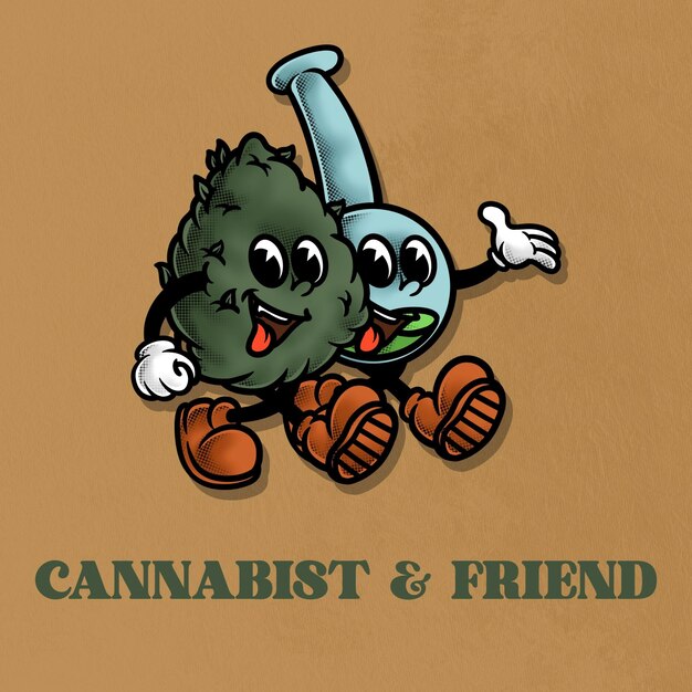 PSD vintage retro cannabis and bong mascot character