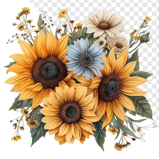 Vintage Style Sunflower and Floral Summer Illustrationpsd