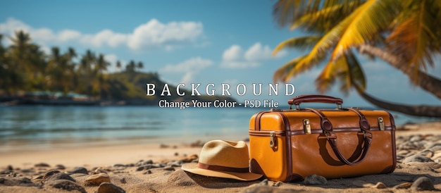 Vintage suitcase and hat on tropical beach Travel and vacation concept