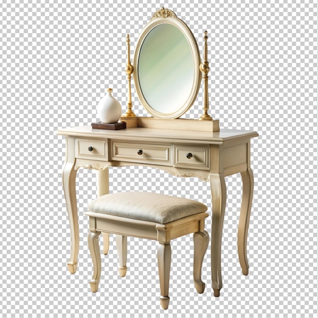 PSD a vintage table for cosmetics stool and a mirror transparent background