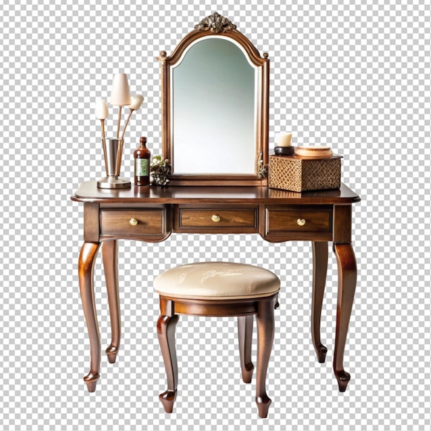 PSD a vintage table for cosmetics stool and a mirror transparent background