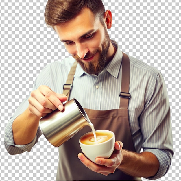 vintage tone of barista pour milk to making latte on transparent background