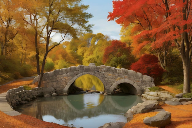 A vintage watercolor landscape featuring a quaint stone bridge