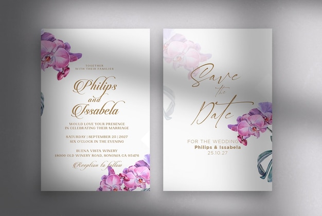 Vintage Watercolor wedding invitation template with purple flowers