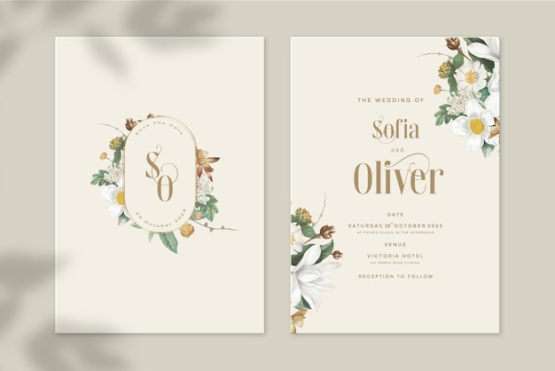 Vintage Wedding Invitation and Save the Date with Floral Arrangement