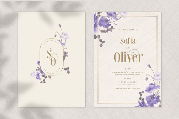 Vintage Wedding Invitation and Save the Date with Purple Flower