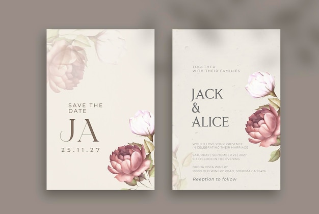 Vintage wedding invitation and save the date with rustic rose