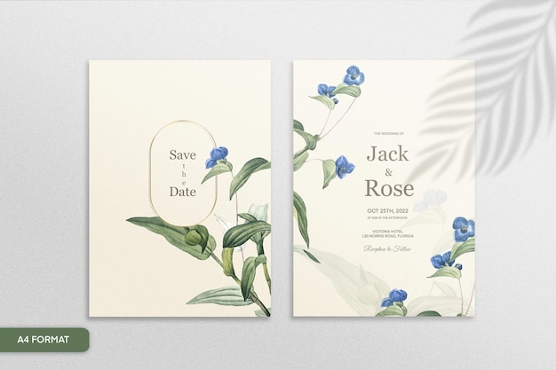 Vintage Wedding invitation Template with Blue Flower