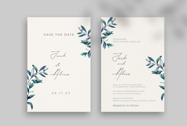 Vintage wedding invitation template with Green leaves